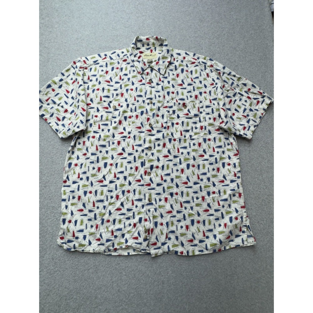 Eddie‎ Bauer Shirt Mens Large White Linen Cotton Blend Canoe Print Camping Beach